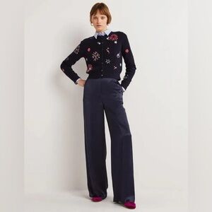 Biden Satin Wide-Leg Trousers in Navy Blue